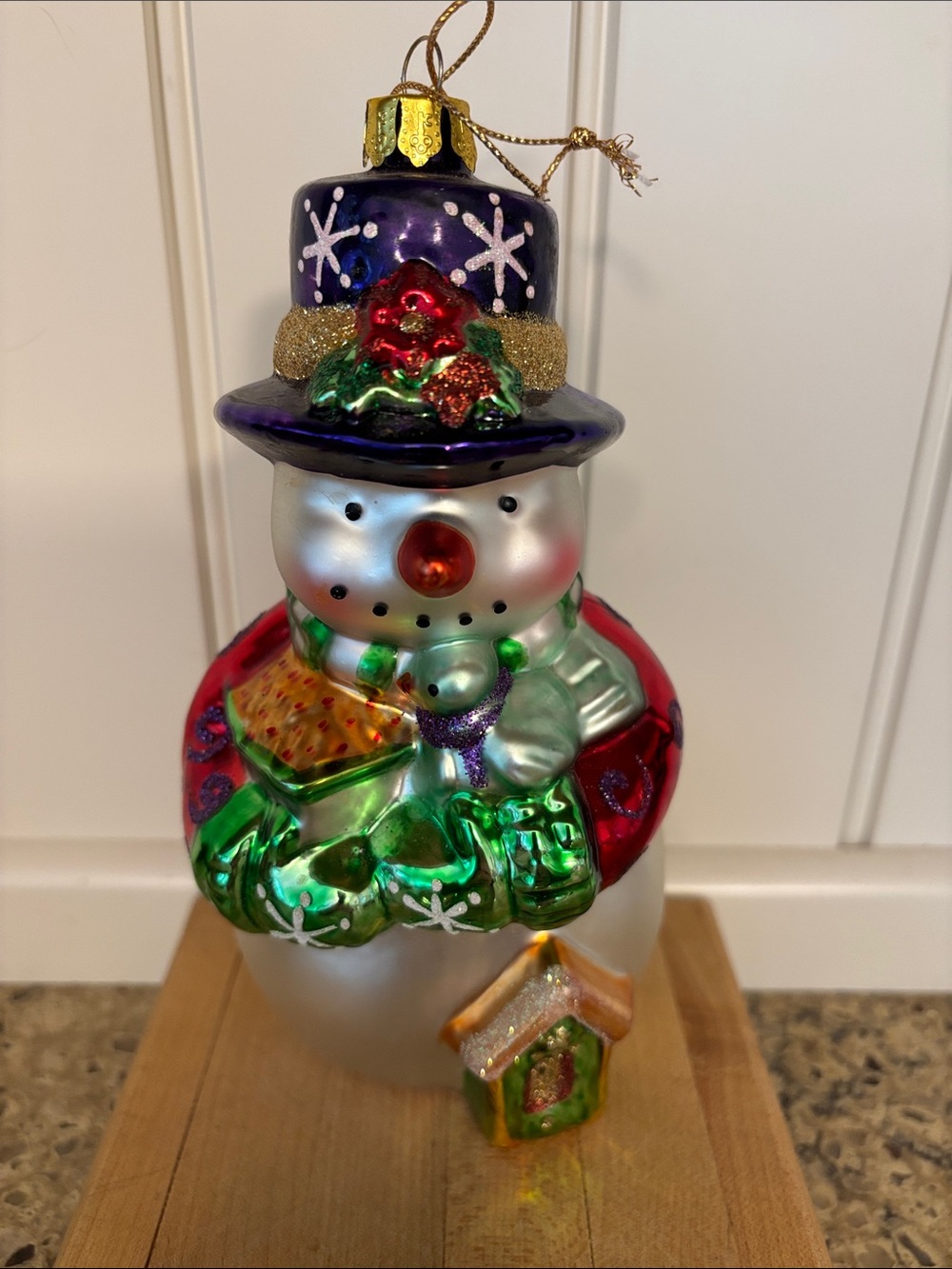 VTG Brass Key Christmas Treasures Blown Glass Snowman Ornament w/ Top Hat